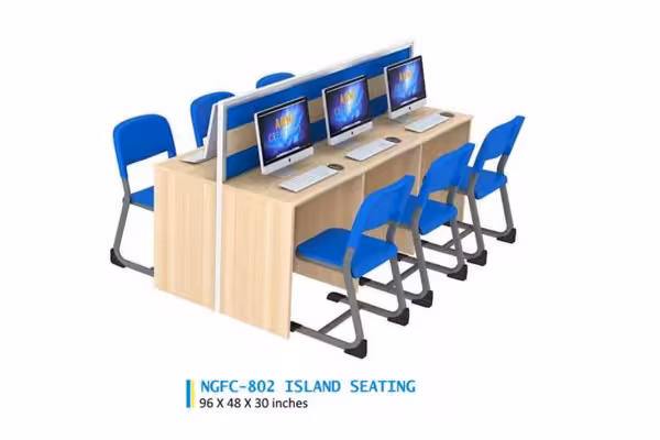 3 students seating and blue colour chairs computers placed on both sides for students to work.