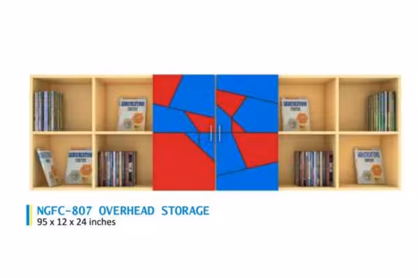 a book shelf in a computer lab to store books