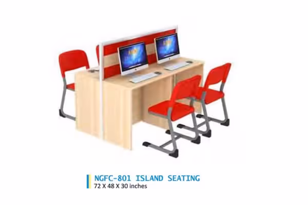 red colour chairs and computers placed on both sides for students to work.