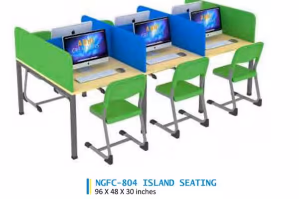 3 students seating green and blue theme furniture on each system there is a side panel on either sides