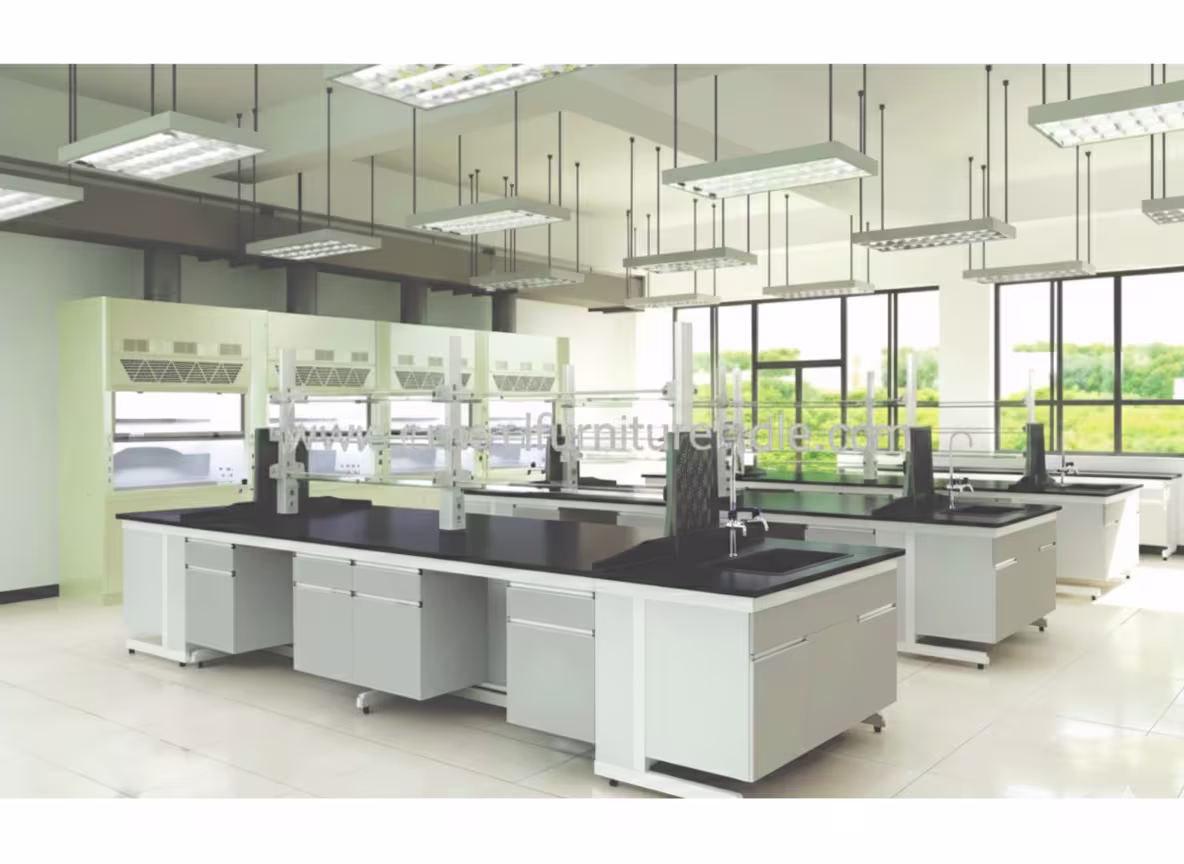 white creamy tone lab there are multiple table in center with black slab over it