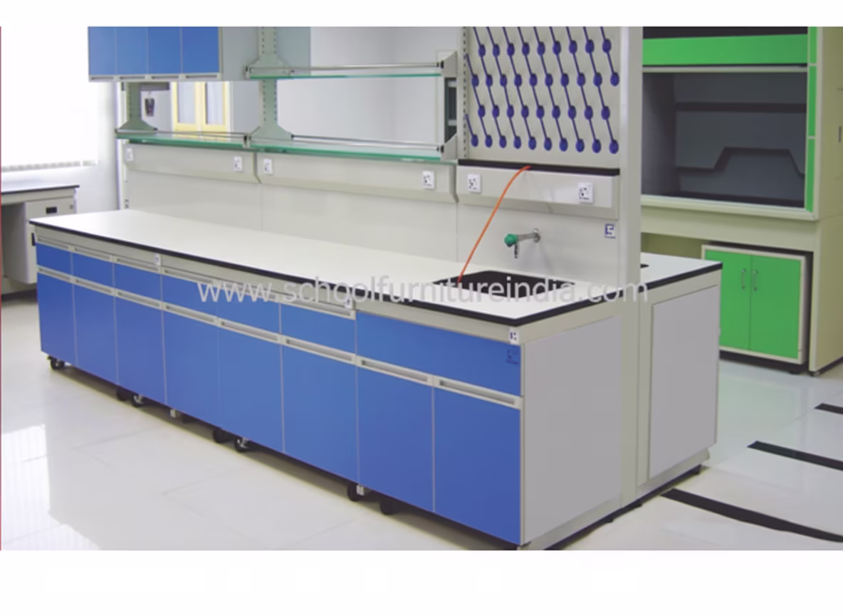 lab table with blue shutters and cubbords on above