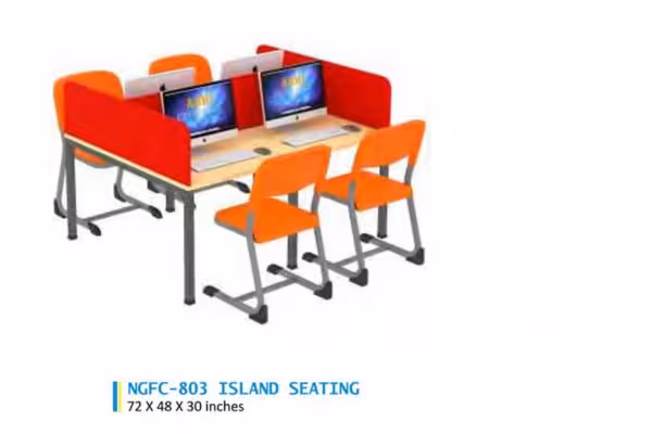 orange colour chairs and computers placed on both sides for students to work. two seating and on either side there are panels