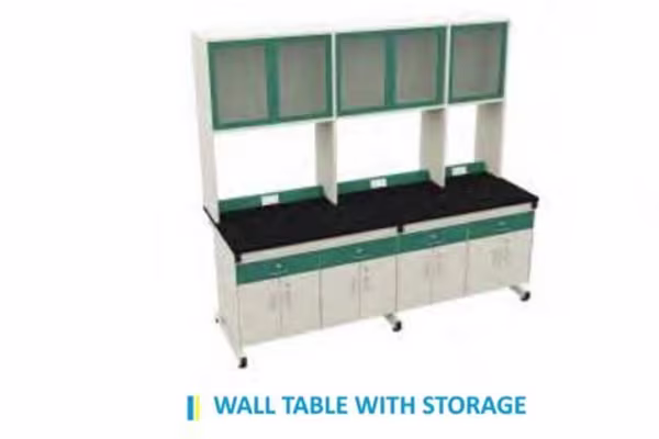 wall table with storage on above for storing lab equipments