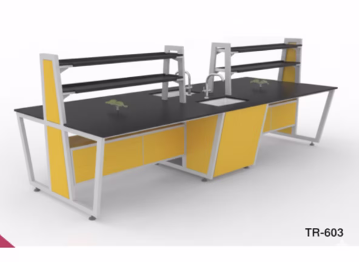 Yellow structure lab table a sink in the center and storage area attached with it