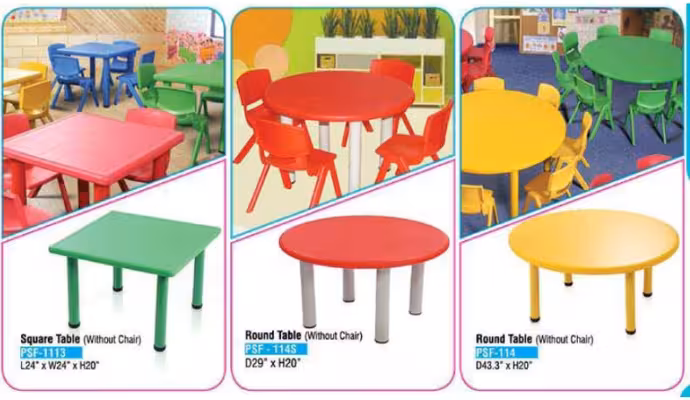 bunch of square and round tables along with chairs for kindergarten school